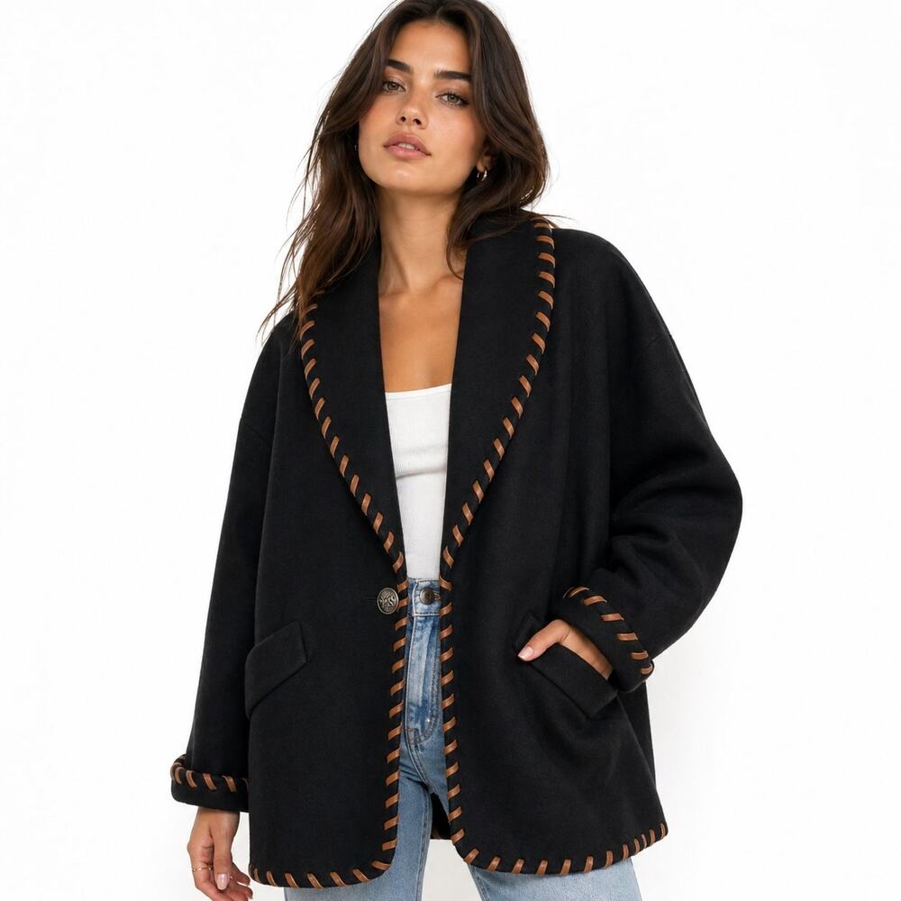 Lorovi Vintage Black Wool Blend Coat w/ Genuine Suede Whipstitch Trim – M (USA)